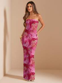 SHEIN BAE Strapless Floral Print Fitted Long Dress, Suitable For Summer Beach Vacation - Multicolor - View 1