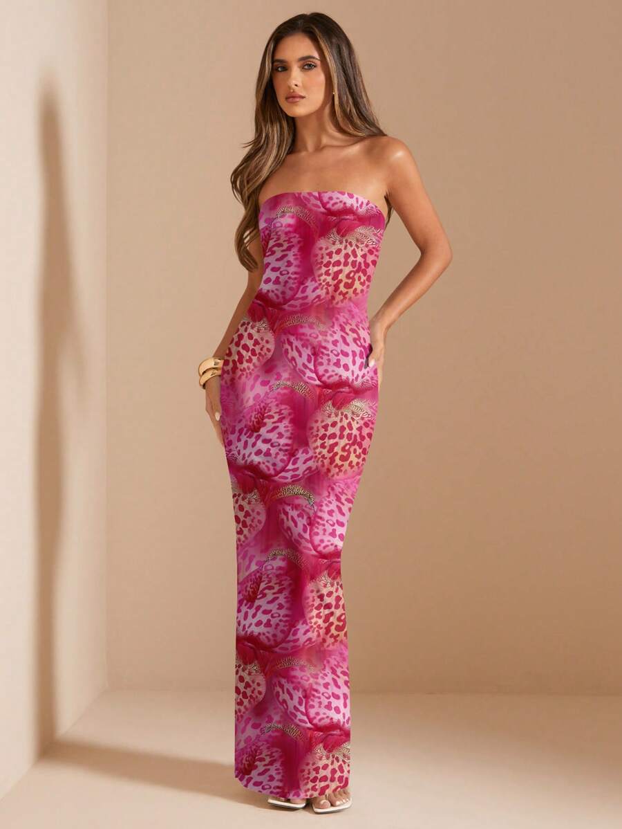SHEIN BAE Strapless Floral Print Fitted Long Dress, Suitable For Summer Beach Vacation - Multicolor - View 1