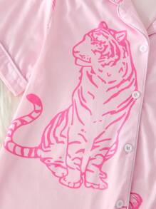 Conjunto de pijama de 2 piezas para niñas preadolescentes con cárdigan de manga corta y estampado de animales, y pantalones cortos en color rosa claro
