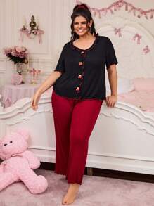 SHEIN Plus Size Color Contrast Ruffle Cherry Print Pajama Set - Multicolor - View 6
