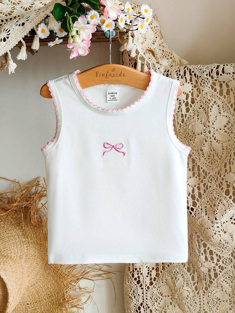 Vintaside Kids Parte superior de tirantes con cuello redondo y bordado de lazo para bebé niña, apta para ocio en casa, deportes, fiestas y otras ocasiones - Blanco - Ver 1