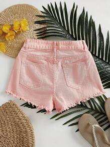 SHEIN Essnce Vacation Casual Washed Denim Frayed Shorts - Baby Pink - View 2