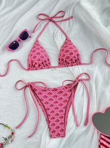 Swim Mod Set de bikini de 2 piezas con estampado floral disperso y ataduras laterales, para vacaciones en la playa