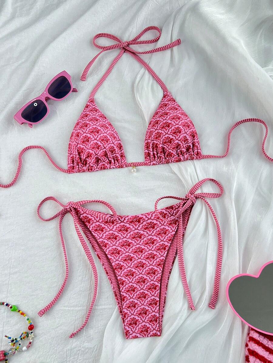 Swim Mod Set de bikini de 2 piezas con estampado floral disperso y ataduras laterales, para vacaciones en la playa