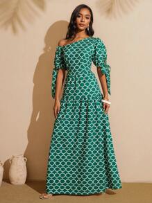 Vesra 女士几何印花灯笼袖蝴蝶结不对称连衣裙