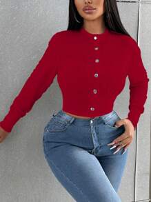 Chaqueta casual de mujer de un solo botonadura, de manga larga y hombros caídos, de unicolor - Rojo - Ver 4