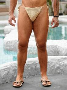 Manfinity Swimmode Bañador de triángulo de color liso de ganchillo para hombre - Caqui - Ver 4