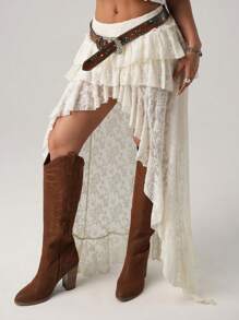 SHEIN ICON Women's Super Low Waist Lace Cake Layered Asymmetric Skirt - Apricot - View 1