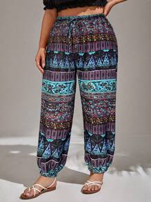 SHEIN VCAY Plus Geo Print Slant Pocket Knot Waist Summer Pants - Green - View 5