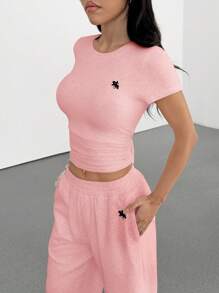 SHEIN EZwear 2pcs/Set Pink Fitted Embroidered Knit Homewear Set For Women, Summer Outfit - Pink - View 4