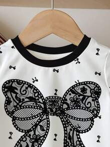 SHEIN Happikins Cute Bow Print Young Girl Casual Round Neck Short Sleeve T-Shirt, Suitable For Summer - Multicolor - View 4