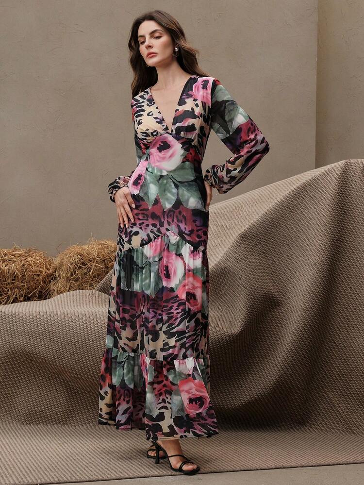 Women's Purple Orchid Print Elegant Dress, Flowing And Graceful Goddess Style