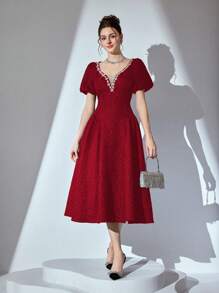 Poshira High-End Vintage Simple French Design Party Dress, Prom Dress - Burgundy - View 5