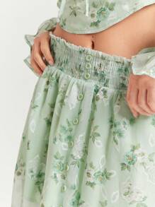 WESTFADE Rok Maxi Bertingkat Chiffon Bermotif Musim Semi dengan Belahan - Hijau - View 2