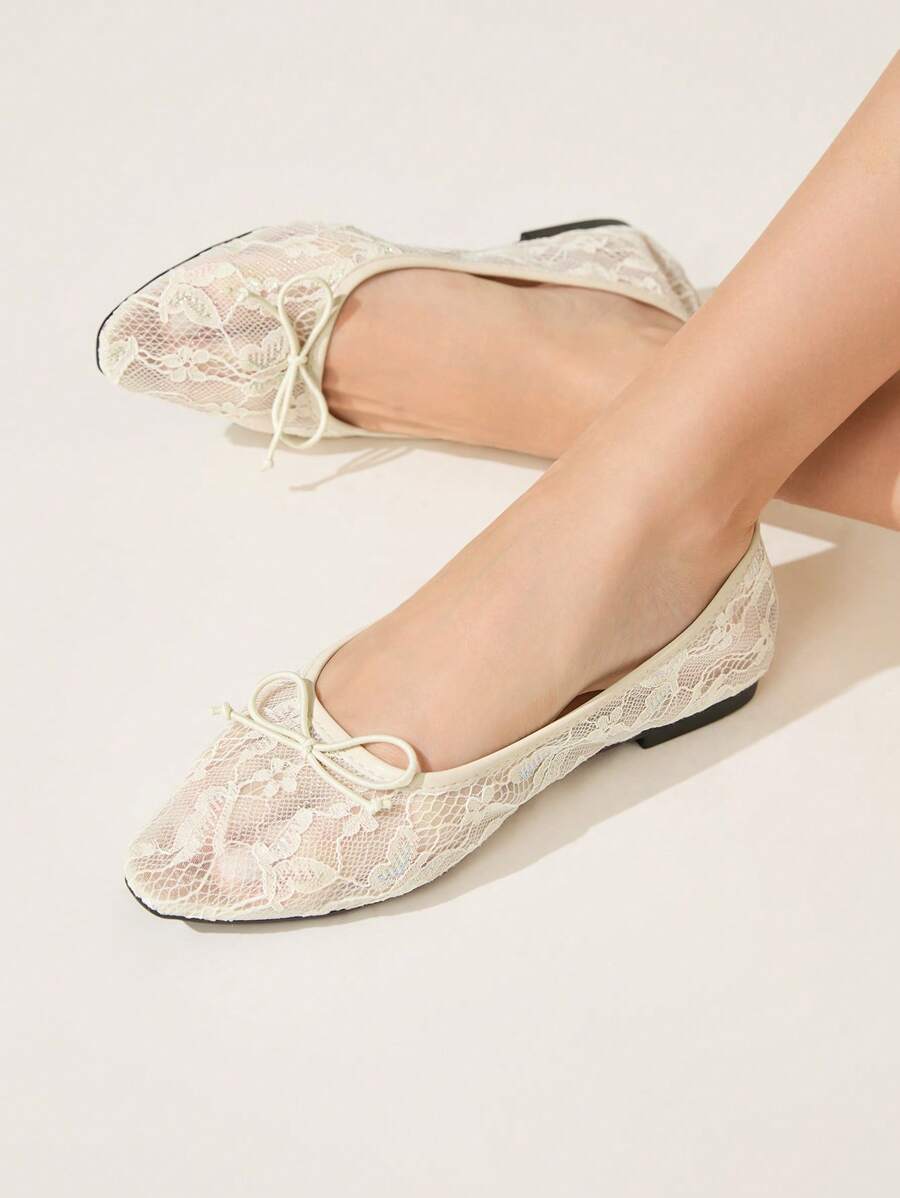 CUCCOO HITCHD 2026 Nouvelles Arrivées Printemps/Automne Style Mariage Décor nœud Couleur Unie Bout Carré Maille Respirante Confortable Chaussures Plates Décontractées - Nude - Voir 1