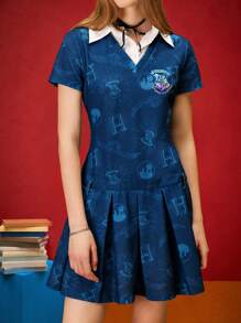 HARRY POTTER X SHEIN Đầm ngắn tay in chữ cho nữ - Màu xanh hải quân - Xem 1