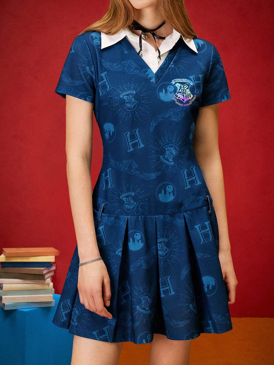 HARRY POTTER X SHEIN Đầm ngắn tay in chữ cho nữ - Màu xanh hải quân - Xem 1