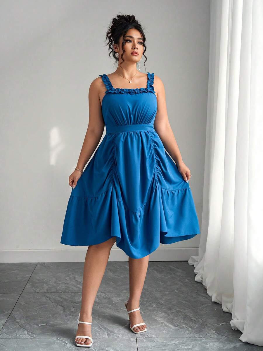 Elenzga 优雅休闲下午茶大码女式短款荷叶边吊带百褶连衣裙，蓝色 - 藍色 - 查看 1