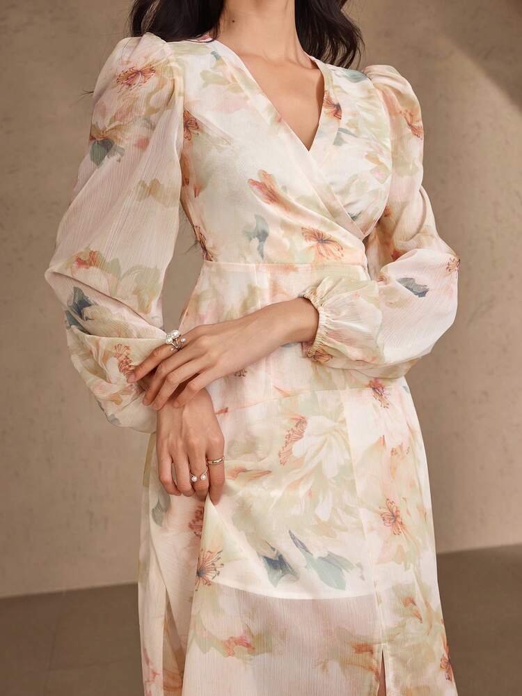 Floral Print V-Neck Puff Sleeve Mid-Length Dress For Women Dress