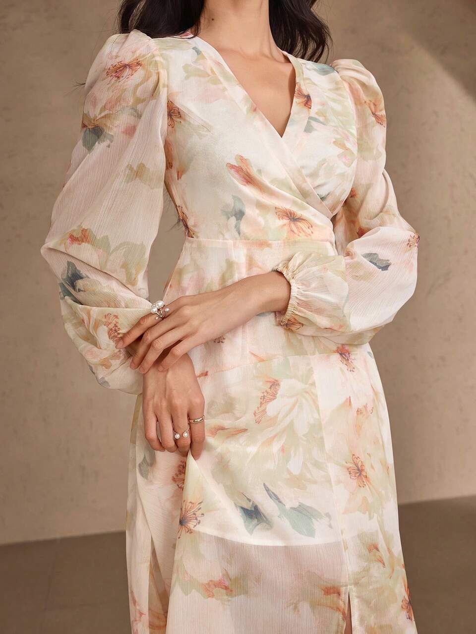 Floral Print V-Neck Puff Sleeve Mid-Length Dress For Women Dress Boho Vacation Outfits Women