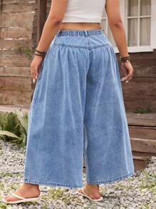 SHEIN LUNE Plus Size Women Pockets Solid Color Loose High Waist Jeans - Blue - View 2