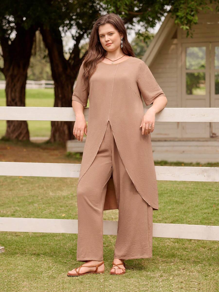 LanaWest Top cu mâneci mijlocii și pantaloni lungi, cu gât rotund și pantaloni lungi, set casual de primăvară/vară - Maro - Vizualizare 1