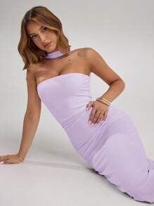 SHEIN BAE 女士优雅纯色露背侧开衩连衣裙，夏季 - 淡紫色 - 查看 8