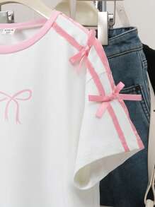Conjunto a juego de madre e hija, camiseta de manga corta para niñas, uso diario casual y cómodo, con decoración de lazo con cinta lateral, combinación familiar, dulce y lindo casual