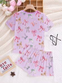 SHEIN Leap Crew 青少年女孩休闲简约圆领短袖短裤睡衣套装，适合夏季 - 彩色 - 查看 2