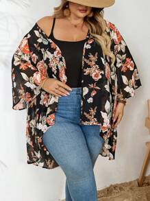 SHEIN CURVE+ Plus Size Women's Summer Lace Splice Black Casual Loose Long Arabic Robe, Vacation Bohemian Thin Cardigan Outerwear, Curve Plus, Boho Vacation - Black - View 3