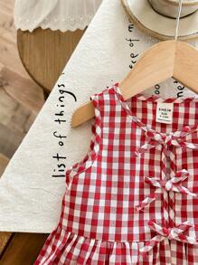 LMoss Kids 女婴可爱夏季度假红白格子蝴蝶结装饰无袖上衣和松紧腰宽松裤套装 - 紅色 - 查看 7