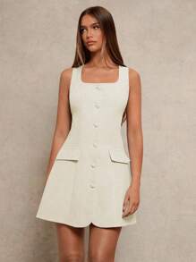 Glamine Early Spring New Square Neck Sleeveless Slim Fit Faux Pocket Commuter Casual Elegant Notched Front Women Short Dress Women Short Dresses Summer - Apricot - View 5