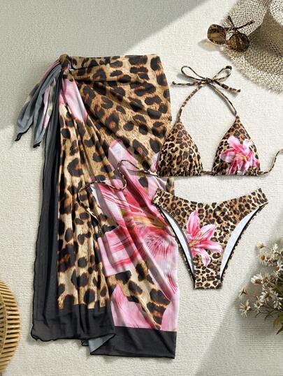 Soleia 3 件套女士彩色豹纹花卉印花撞色系带比基尼泳装，适合海滩度假