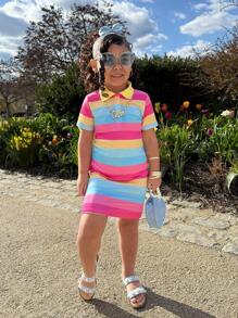 Young Girls Sweet & Cute Rainbow Striped Polo Collar Casual Everyday Comfortable Versatile Dress - Multicolor - View 5