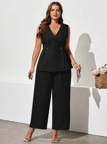 SHEIN Clasi Plus Size Elegant Office Wear Solid Color Vest & Pants 2 Pieces Set,Summer Outfits For Women - Black - View 4
