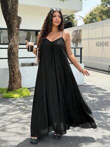 SHEIN EZwear Plus Size Sleeveless V-Neck Solid Color Dress, Summer Casual - Black - View 4
