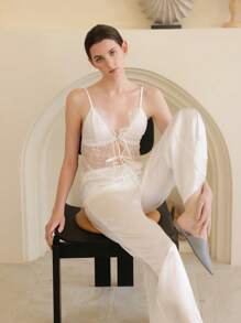 Elegant French Lace-Up Satin Women's Sleepwear Set, Sexy - White - View 3