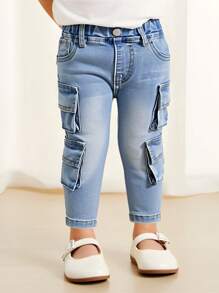 Denim Baby Mädchen Mode persönlich angepasste vielseitige Lässig College Stil Hose mit elastischem Bund, gewaschene Denim Cargohose mit Mehrfachtaschen - Mittele Waschung - Übersicht 3