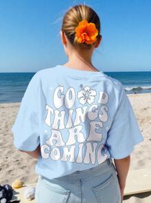 SHEIN Good Things Are Coming, Vacation Style, Slogan Print, Casual Minimalist Short Sleeve T-Shirt For Teen Girls, Suitable For Summer - Blue - View 1