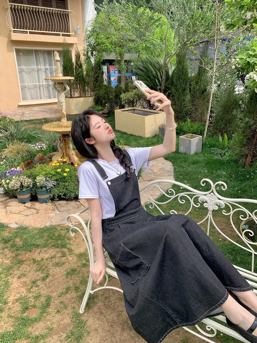 DAZY 女士夏季休闲牛仔背带中长连衣裙，水洗款式 - 藍色 - 查看 1