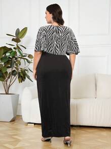 Modelyn Plus Size Women Zebra Print Ruffle Trim Short Sleeve Elegant Dress - Black - View 2