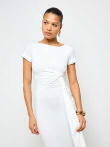 AiiRZ T-Shirt Fitted Maxi Dress With Side Drape Ruching - White - View 3
