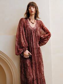 Arave 女士雪纺细肩带宽松喇叭袖灯笼袖度假风印花时尚通勤多层拼接V领荷叶边长裙两件套 - 棕色 - 查看 4