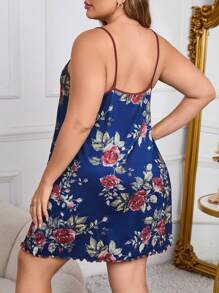 大码女式花卉印花宽松吊带裙 - 藍色 - 查看 2