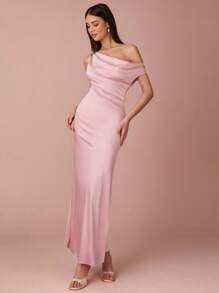 Enchnt Frühlings-/Sommerdamen romantisches, rosa, asymmetrisch ausgeschnittenes, gerüschtes, körperbetontes, elegantes Maxikleid, süß und elegant für Urlaub, Dates, Feiertage, Partys, Abschluss und Hochzeitsgäste, Abiball, Konzert- und Festivalgarderobe, Osterkleider, Sommerkleider für Damen - Pink - Übersicht 1
