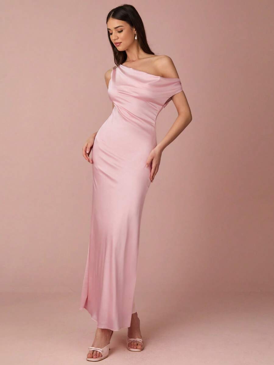 Enchnt Frühlings-/Sommerdamen romantisches, rosa, asymmetrisch ausgeschnittenes, gerüschtes, körperbetontes, elegantes Maxikleid, süß und elegant für Urlaub, Dates, Feiertage, Partys, Abschluss und Hochzeitsgäste, Abiball, Konzert- und Festivalgarderobe, Osterkleider, Sommerkleider für Damen - Pink - Übersicht 1
