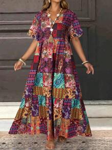 EMERY ROSE 大码女式花卉印花V领短袖休闲连衣裙 - 彩色 - 查看 5