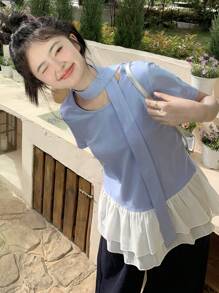 DAZY Women Summer Casual Elegant Ruffled Hem Tie-Neck Short Sleeve Top - Blue - View 7