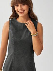 SHEIN LUNE Western Wear Women Women's Sleeveless Crew Neck Bodycon Distressed Denim Mini Dress - Black - View 4