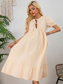 SHEIN Váy bà bầu tay bồng ngắn kẻ sọc nơ - Màu vàng - Xem 4